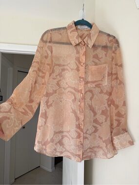 Altuzarra Sheer Peach Floral Button-Up Blouse 100% Silk Size Small Made in Italy
